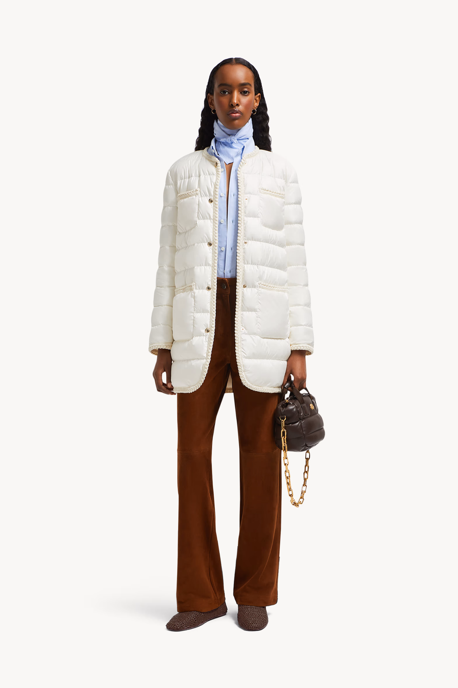 Plumífero de largo medio con ribete trenzado Gencaylong Mujer Blanco Moncler 0
